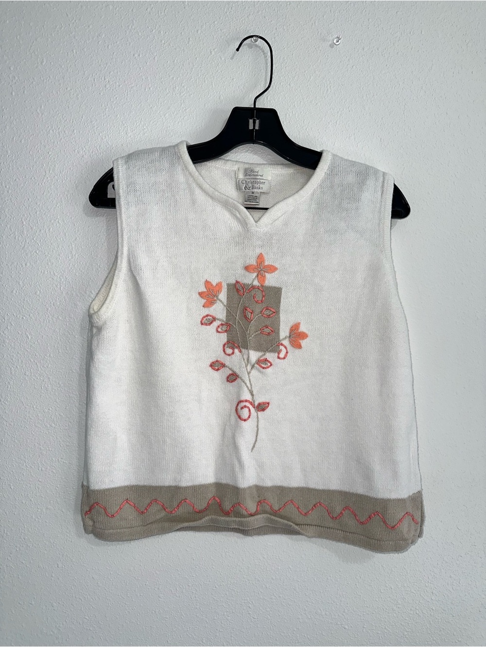 Christopher & Banks White Sleeveless Knit Tank with Coral Floral Embroidery